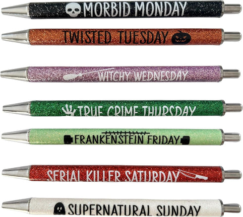 Jxueych 7Pcs Halloween Weekday Pens Glitter Pen with Funny Sayings Vibrant Passive Fancy Ballpoint Pens Cute Gifts for Colleagues Office Supplies ...