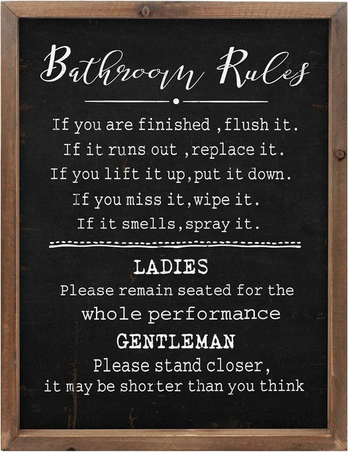Rustic Bathroom Rules Sign,Farmhouse Toilet Wall Decor,Funny Bathroom Wood Framed Wall Art Decorations(11.8x15.8in) (black)...