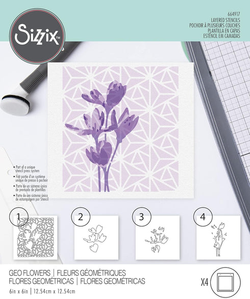 Sizzix Layered Reusable Crafts 4PK Geo Flowers by Olivia Rose | 664917 | Chapter 4 2022 Stencils, Mulitcolour...