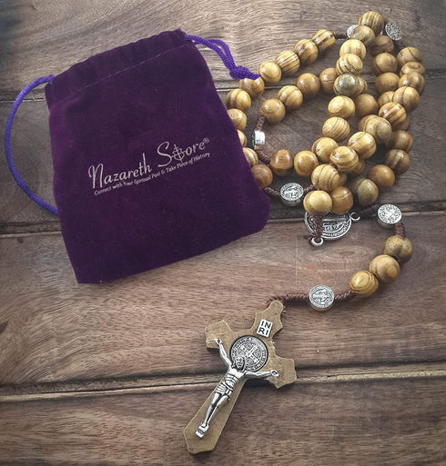 Nazareth Store Wood Beads Rosary Necklace Saint Benedict Medal & Catholic Cross Religious Prayer Chaplet String Handmade - Velvet Bag...