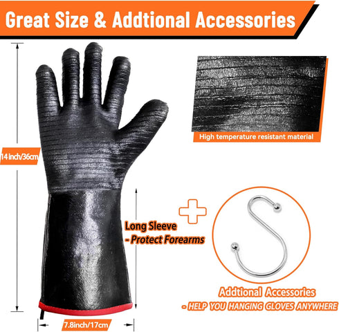 BBQ Gloves - 1472°F Thicken Heat Resistant Gloves w/S-Hook 14 in Kitchen Oven Mitts Waterproof Grill Gloves Oil Resistant Grilling Gloves Cooking ...