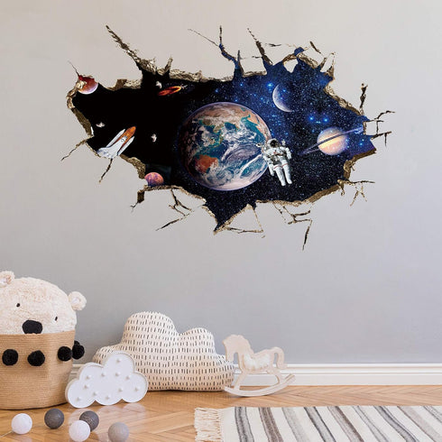 3D Planet Galaxy Astronaut Wall Stickers, DILIBRA Removable Universe Outer Space Spacecraft View Window Wall Decals for Kids Children Bedroom Livi...