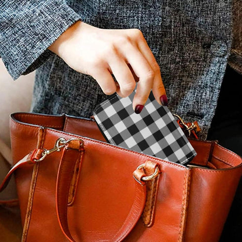 White Black Check Plaid RFID Credit Card Wallet, Microfiber Leather Zipper Card Case Holder for Women...