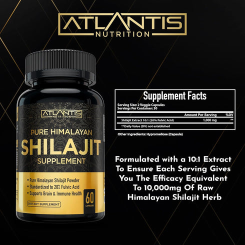 Shilajit Supplement - Pure Himalayan Authentic Shilaijt Resin Capsules Formulated with 20% Fulvic Acid - 10:1 Extract 10,000mg Extra Strength - Ma...