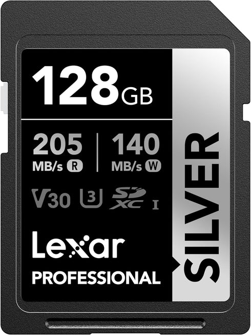 Lexar 128GB Professional Silver SDXC Memory Card, UHS-I, C10, U3, V30, 4K Video, Up to 205/140 MB/s Read/Write, for Professional Photographer, Vid...