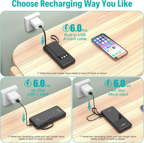Portable Charger with Built in Cables,10000mAh Slim USB C Power Bank,5 Output 3 Input LED Display High Speed External Battery Pack Travel Phone Ch...