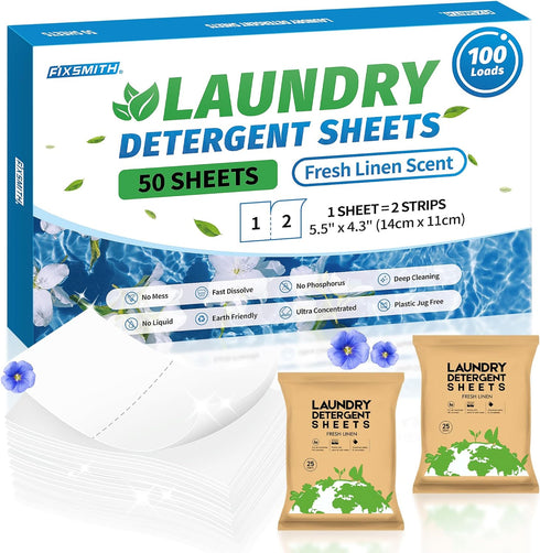 FIXSMITH Laundry Detergent Sheets - 100 Loads (50 Sheets) Fresh Linen Scent - Hypoallergenic,Eco Friendly Laundry Detergent Strips Ultra-Concentra...