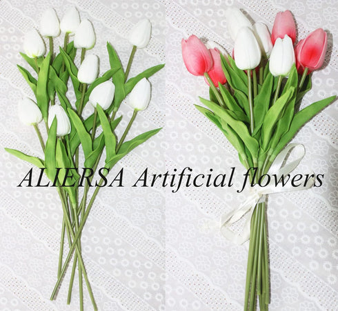 Artificial Tulips 10 Heads Mini Real Touch Artificial Flowers Fake Tulip for Home Decor Wedding Party DIY Bouquet Flowers (White)...