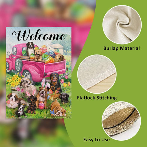 Home Decorative Welcome Easter Eggs Pink Truck Dog Garden Flag, Country Puppy House Yard Daffodil Tulip Daisy Flowers Outside Decoration, Spring F...