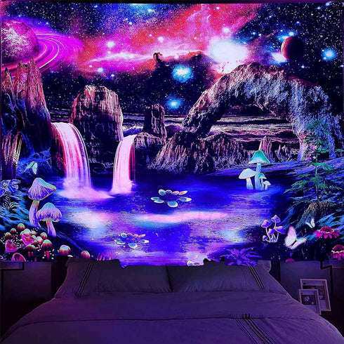 Algasan Blacklight Galaxy Waterfall Tapestry UV Reactive Planet and Mountain Wave Tapestries Fantasy Landscape Plants Tapestry Wall Hanging for Be...