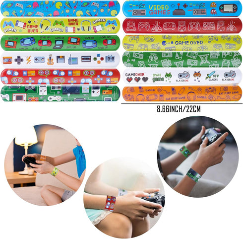 134 Pcs Video Game Party Favors, Includes Video Game Slap Bracelet Keychain Stamper Whistle Mesh Bag Card Stickers Tattoos for Kids Gaming Party F...