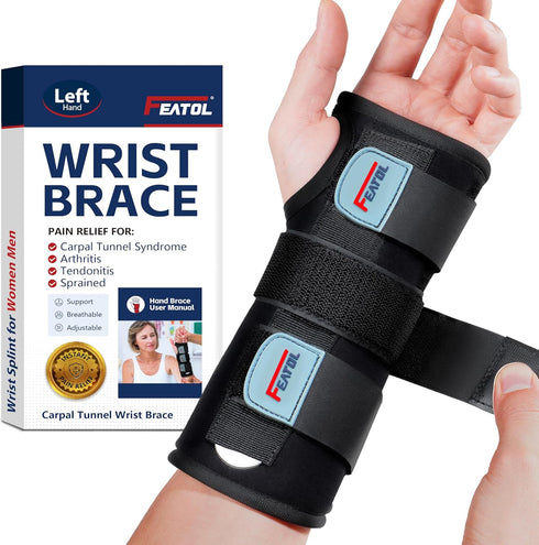 FEATOL Wrist Brace for Carpal Tunnel, Adjustable Night Wrist Support Brace with Splints Left Hand, Large/X-Large, Hand Support for Arthritis, Tend...