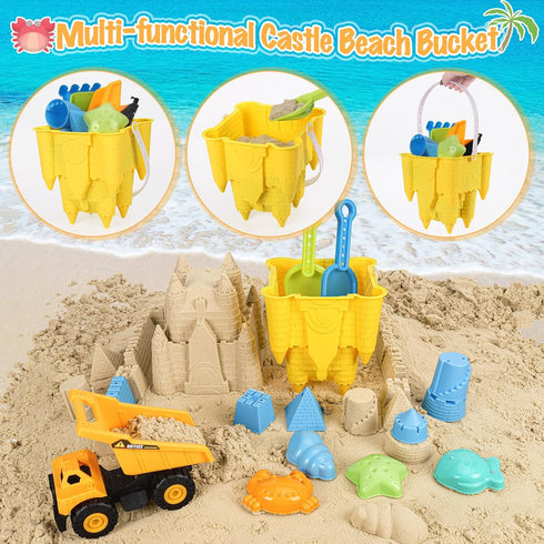 Beach Toys Sand Toys for Kids, Sand Castle Toys for Beach with Dump Truck, Sand Castle Bucket, Sand Molds, Shovel and Rake, Sandbox Toys for Toddl...