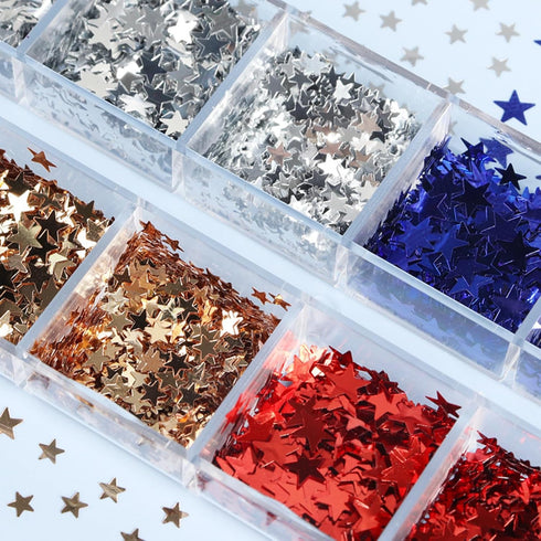 12 Grids 4th of July Nail Art Glitters Sequins 3D Holographic Nail Glitter Flakes Independence Day Nails Sequins Mixed Color Star Nail Flakes Lase...