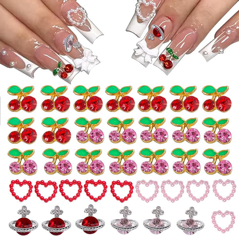 40PCS Cherry Nail Charms with 3D Crystals Design, Kawaii Nail Charms with Heart and Planet Nail Charms, Cherry Nail Charms Art Shiny Gems Nail Mak...