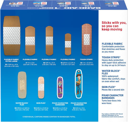 Band-Aid Brand Adhesive Bandage Family Variety Pack in Assorted Sizes Featuring Water Block Flex, Flexible Fabric, Skin-Flex, Tough Strips & Pixar...