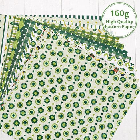 Whaline 12 Designs St. Patrick's Day Pattern Paper 24 Sheet Green Lucky Clover Stripe Plaid Dot Scrapbook Paper Double-Sided Decorative Craft Pape...