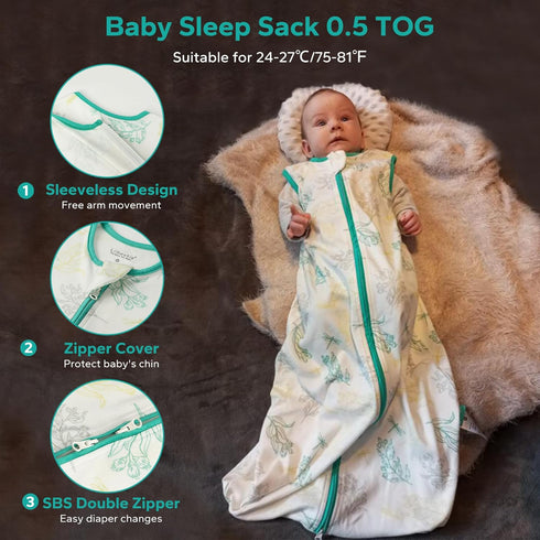 Bamboo Sleep Sack, 0.5 TOG Baby Wearable Blanket Sleep Sack 6-12 Months for Spring and Summer, Plant...