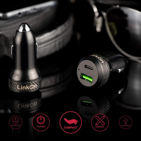 LinkOn 45W Car Charger with 27W USB-C PD3.0 and 18W USB-A QC3.0 Compatible with iPhone Xs/Max/XR/X iPad Samsung Galaxy Pixel Nexus Huawei...