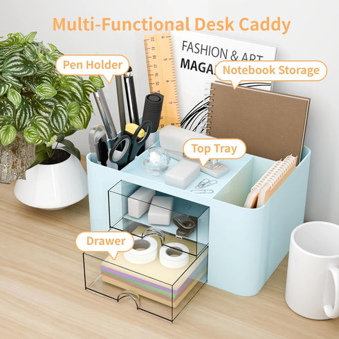 Desk Organizer with 2 Drawer, Multi-Functional Pencil Pen Holder for Desk, Plastic Desk Organizers and Storage with 5 Compartments, Desktop Organi...