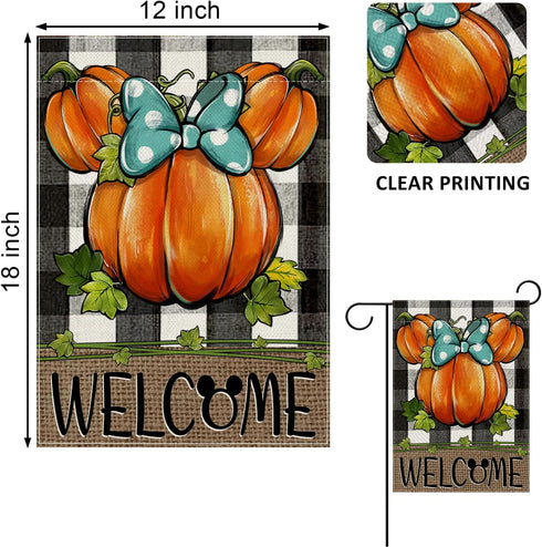 Welcome Fall Cartoon Mouse Pumpkin Decorative Garden Flag, Autumn Thanksgiving Buffalo Plaid Check Yard Outside Decorations, Farmhouse Rustic Outd...