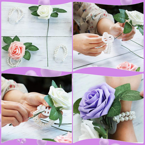 Hicarer 24 Pieces Corsage Wristlet Elastic Pearl Wrist Bands Wedding Wrist DIY Faux Flowers Decor for Wedding Festival Beach Party...