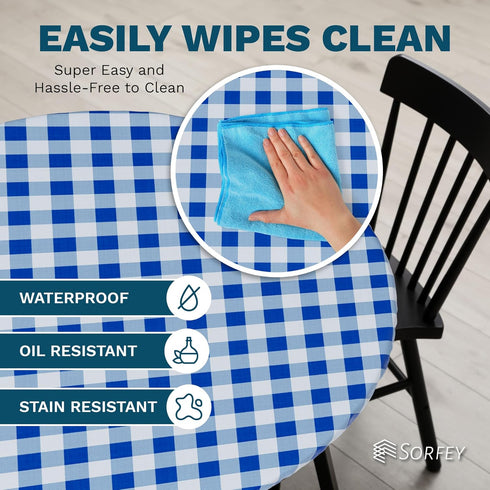 Sorfey Round Tablecloth -Fitted with Elastic, Vinyl with Flannel Back, Fits for Table 30 Inches Round,Water Proof, Easy to Clean, Checked Blue Des...
