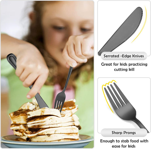 12-Piece Black Kids Silverware, E-far Stainless Steel Toddler Kids Utensils Safe for Preschooler/Children, Includes 4 Forks 4 Spoons 4 Knife, Slim...