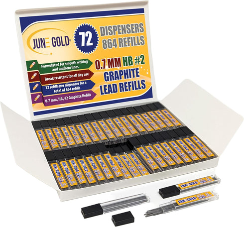 June Gold 864 Pieces, 0.7 mm HB #2 Lead Refills, 72 Dispensers, 12 Pieces Per Dispenser, Medium Thickness, Break Resistant Lead/Graphite...