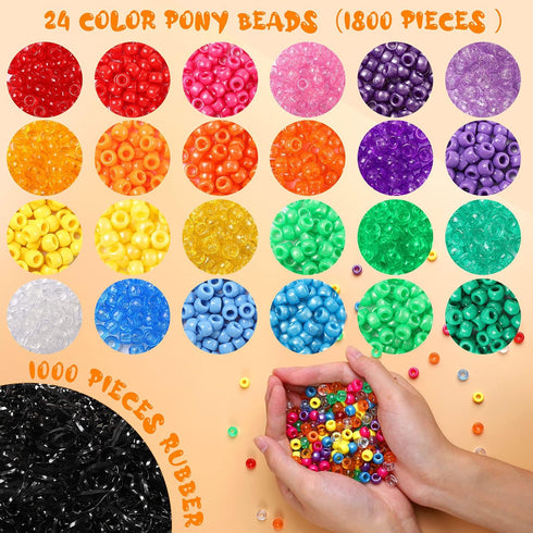 KAMJUNTAR 2810pcs Pony Beads Bracelet Making Kit,DIY Jewelry Making Kit Hair Beads 24 Colors Rainbow Plastic Kandi Beads 1000 Elastic Rubber Bands...