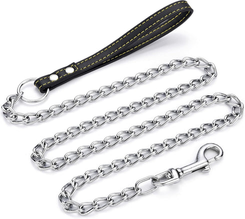 4ft Metal Dog Leash with Leather Handle Heavy Duty Dog Chain Leash Chew Proof Sturdy Training Pet Lead for Large Medium Dogs Black...