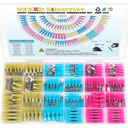 250PCS Heat Shrink Wire Connectors,Electrical Terminals Kit,Waterproof,Automotive Marine Electrical Terminals Kit,Ring Fork Hook Spade Butt Splice...