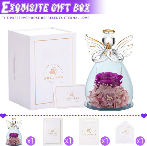 ANLUNOB Preserved Rose Birthday Gifts for Women Mom Grandma Wife, Glass Angel Figurines Gifts with Pretty Purple Flowers for Anniversary Wedding...