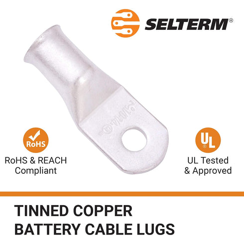 SELTERM 10pcs 1/0 AWG-1/4" Stud Tinned Copper Wire Lugs, Heavy Duty Battery Cable Ends,0 Gauge Ring Terminals, UL Battery Lugs Marine Grade Copper...