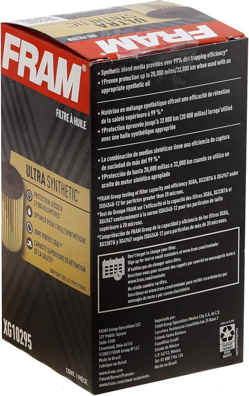 FRAM Ulta Synthetic Automotive Replacement Oil Filter, Designed for Synthetic Oil Changes Lasting up to 20k Miles, XG10295 (Pack of 1)...