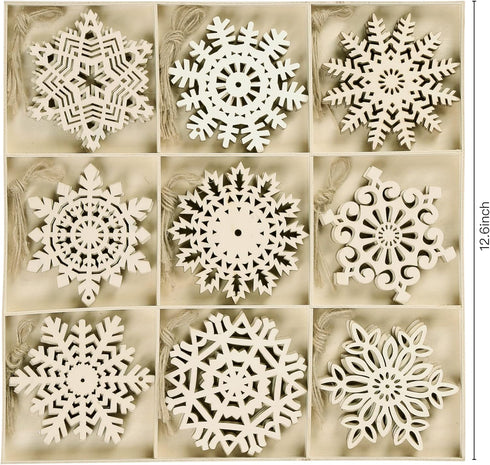 Sggvecsy Unfinished Wooden Snowflakes Ornaments, 36Pcs Christmas Tree Hanging Decoration Wood Cutouts DIY Craft Snowflake Shaped Embellishments Xm...