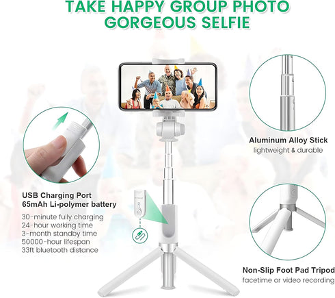 Selfie Stick Tripod with Wireless Remote Controller Pouch Extendable Adjustable Stand Mount Light-Weight V-Log Compatible with All Apple iPhone, S...