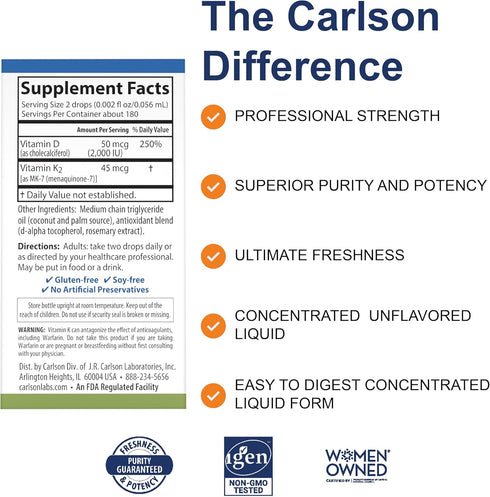 Carlson Super Daily D3 + K2, 50 mcg D3 + 45 mcg MK-7, Heart & Bone Health, 360 Liquid Drops, 10.16 ml...