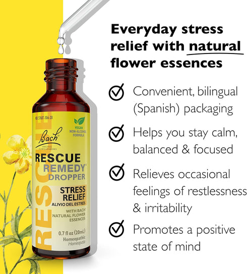 Bach RESCUE Remedy Dropper 20mL, Natural Stress Relief, Homeopathic Flower Essence, Vegan, Gluten & Sugar-Free, Non-Habit Forming (Non-Alcohol For...
