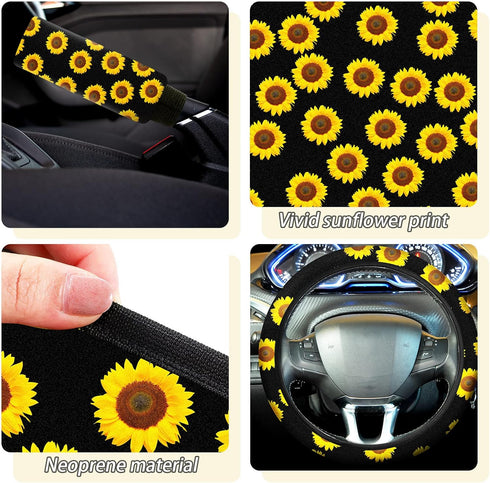 16 Pieces Sunflower Car Accessories Set Steering Wheel Cover Armrest Pad Gear Knob Cover Handbrake Cover Seat Belt Cover Cup Holder Vent Decoratio...