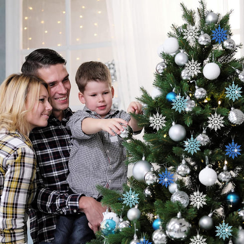 Whaline 45Pcs Winter Snowflake Hanging Ornament mas Glitter Blue Silver Pendant with String for Christmas Tree Winter Wonderland Holiday Party Dec...