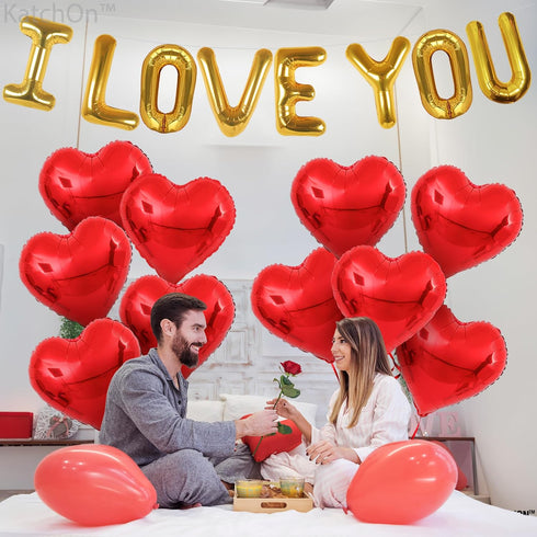 KatchOn I Love You Balloons Set - 18 Inch, Pack of 18 | Foil Red Heart Balloons for Valentine's Day Decorations...