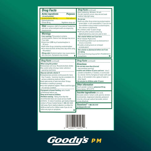 Goody's PM Nighttime Powder, Acetaminophen 500mg, Dissolve Packs for Pain with Sleeplessness, 6 Individual Packets, 12 Pack...