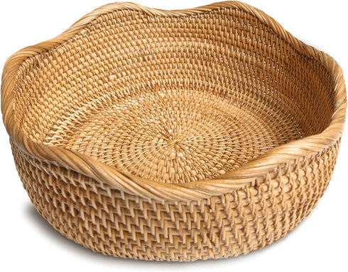 Handmade Rattan Bread Baskets Round Wicker Fruit Serving Storage Bowls, Natural Woven Decorative Kitchen Counter Organizing (Honey Brown) L-11.5''...