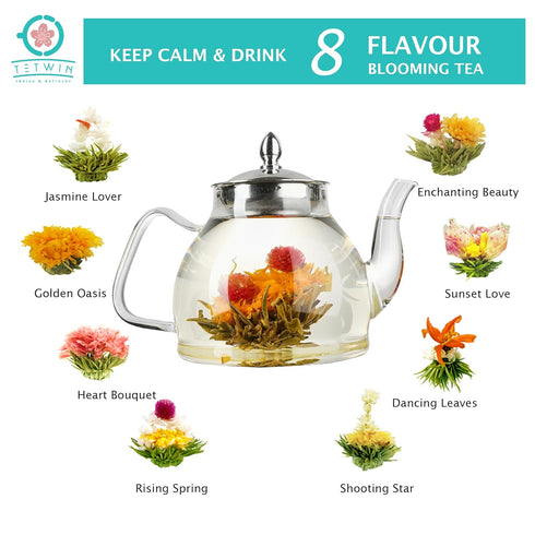 TETWIN Blooming Tea Flowers, 8 Varieties Flowering Tea Balls, Hand Tied Natural White Tea Leaves & Edible Flowers Gift Canister for Tea Lovers...