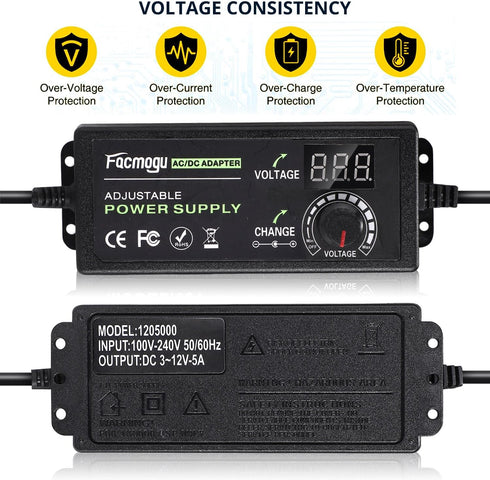 Facmogu 3V-12V 5A 60W Adjustable Power Supply with LED Display, Variable DC 3V 5V 6V 9V 12V Universal AC/DC Adapter, 100V-240V AC to DC 3-12V Swit...