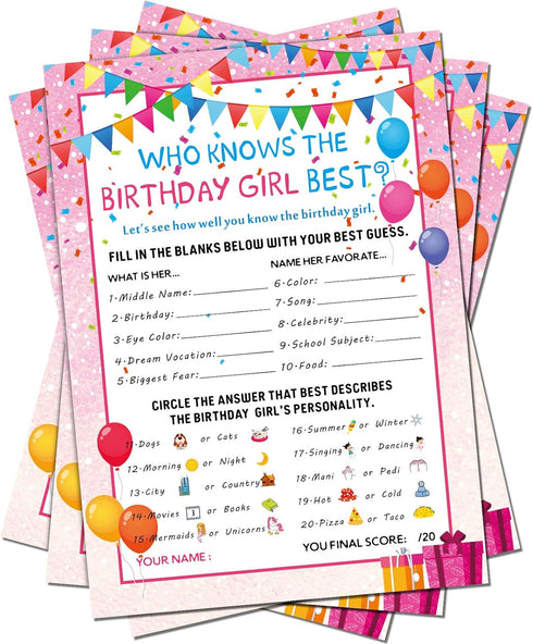 Skylety The Birthday Girl Best, 50 Pieces Birthday Party Activity Game Card Set Who Knows Her Best Girl Birthday Party Activity Themed Party Decor...