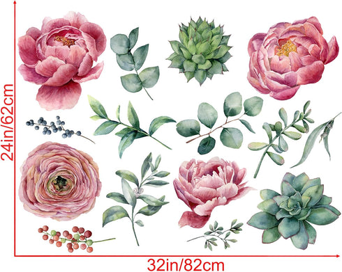 Amaonm Removable 3D Beautiful Pink Red Peony Flowers with Green Plants Leaf Wall Decal Wall Stickers DIY Peel and Stick Art Decor for Kids Girls B...