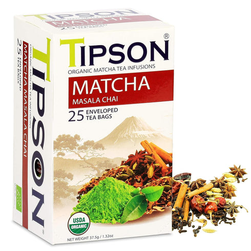 Tipson Organic Matcha Green Tea - Masala Chai Flavor - 25 Foil Enveloped Double Chambered Bags - Keto/Paleo...