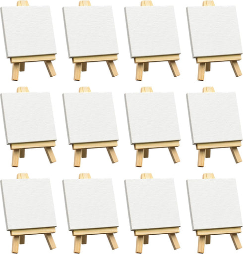 FIXSMITH 3x3 Inch Mini Stretched Canvas Easel Set- Bulk Pack of 12,Small Stretched White Blank Canvas Panels & Wood Easels for Painting Craft Draw...